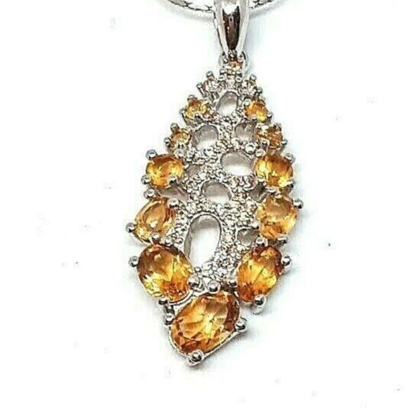 Natural Yellow Citrine with CZ 14K White Gold on 925 Sterling Silver Necklace‎ - Picture 3 of 4